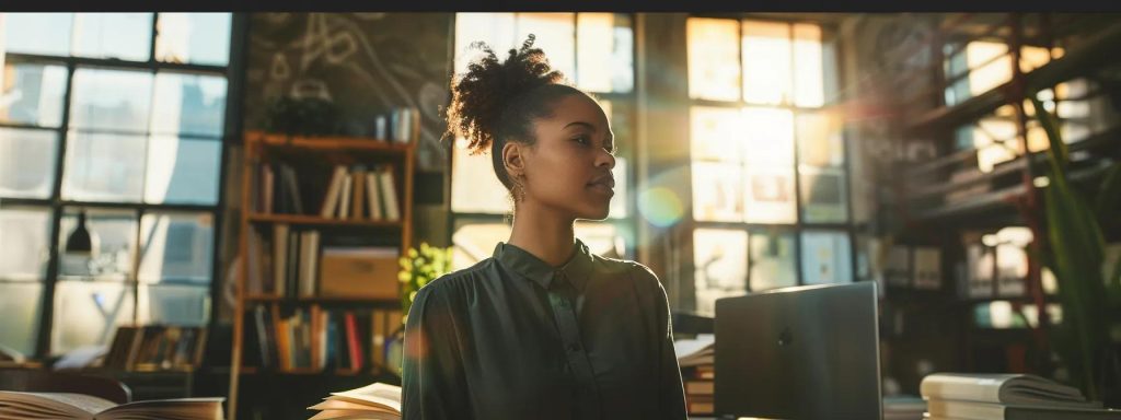 a resilient individual stands confidently in a sunlit office space, surrounded by open books and a laptop, symbolizing hope and determination as they rebuild their career after adversity.