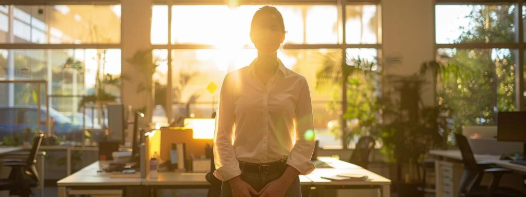 a resolute california worker stands confidently in a sunlit office, surrounded by symbolic representations of workers' compensation benefits&mdash;medical care, temporary and permanent disability support, and vocational rehabilitation&mdash;embodying resilience and hope in their journey toward recovery.