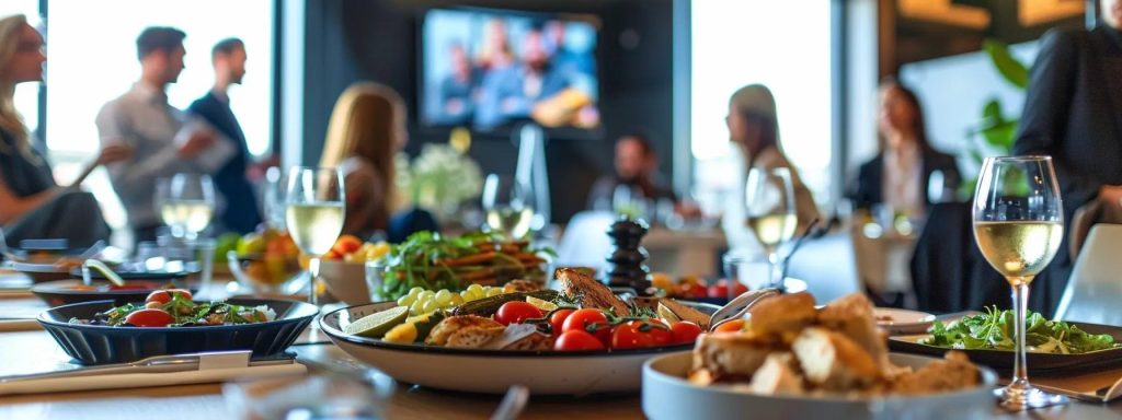 a robust conference table filled with engaging professionals immersed in a dynamic discussion, with a large screen displaying compelling case studies and successful negotiation strategies in a well-lit, modern office environment.