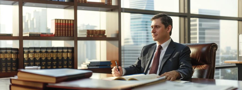 a seasoned attorney confidently discusses workers' compensation laws while seated at a sleek, modern office desk, with legal books and a bright window showcasing the long beach skyline in the background, capturing the essence of expertise and support for injured workers.