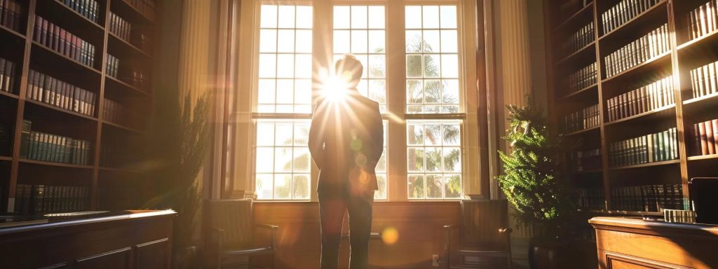 a seasoned workers' compensation attorney stands confidently in their long beach office, framed by legal books and sunlight streaming through large windows, embodying expertise and trust in navigating complex cases.