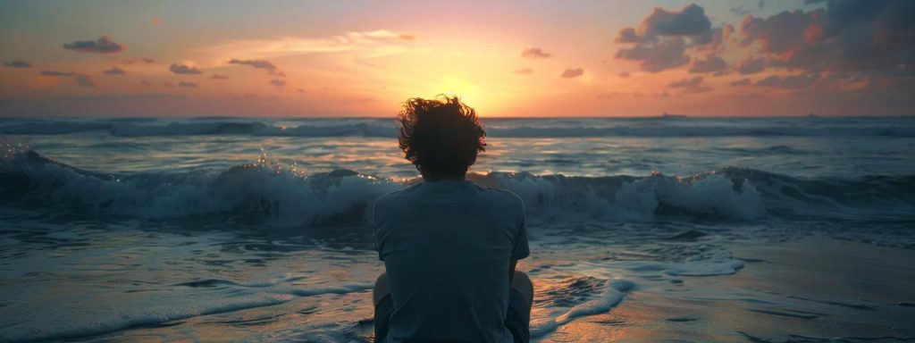 a serene coastal scene at sunset, depicting a relaxed individual gazing out at the tranquil waves of long beach, symbolizing peace and focus on recovery amidst the challenges of legal proceedings.