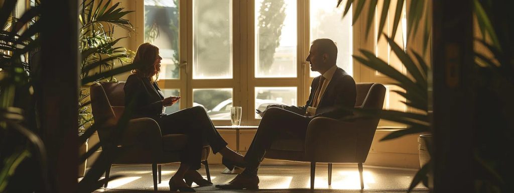 a serene, confidential meeting space bathed in soft, warm light, where a diligent workers' comp attorney engages thoughtfully with a client, fostering a sense of trust and clarity for their case discussion.