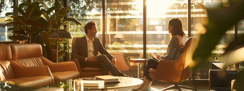 a serene consultation room bathed in warm, natural light, featuring a confident lawyer engaging attentively with a client, capturing the essence of trust and comfort in their professional relationship.