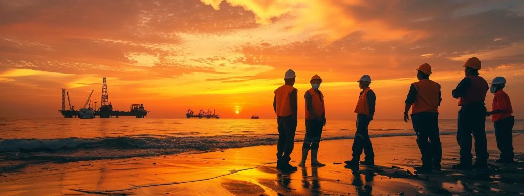 a serene long beach coastline at sunset, symbolizing employee welfare and support, with gentle waves reflecting a warm glow, as silhouettes of workers gather together, embodying unity and resilience in facing workplace challenges.