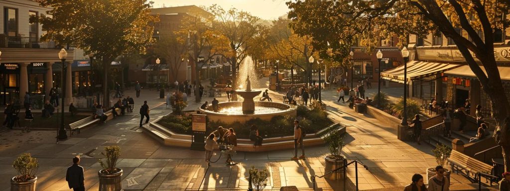 a serene missouri town square, bathed in golden afternoon light, bustling with individuals engaged in discussions about workers' compensation, surrounded by law offices showcasing prominently reviewed attorneys.