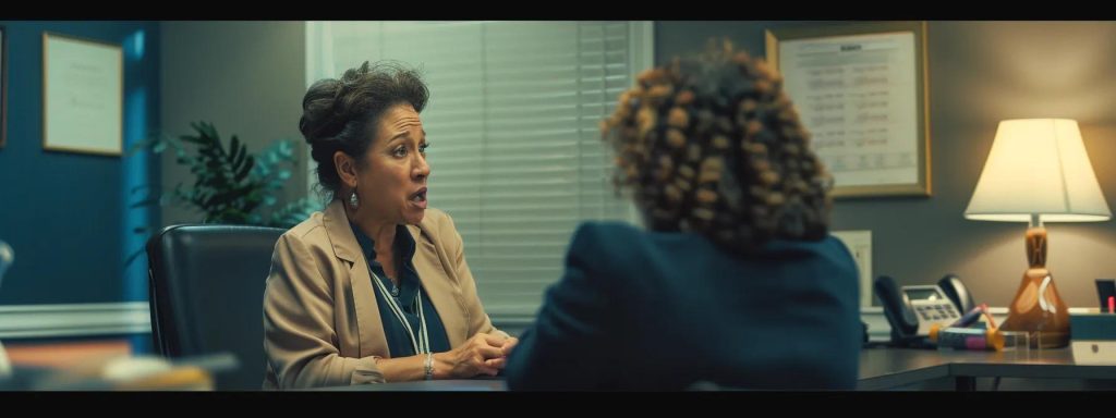 a serene office environment captures a thoughtful attorney engaging empathetically with a relieved client, symbolizing the supportive journey of navigating the workers' compensation process against a backdrop of soft, inviting lighting.