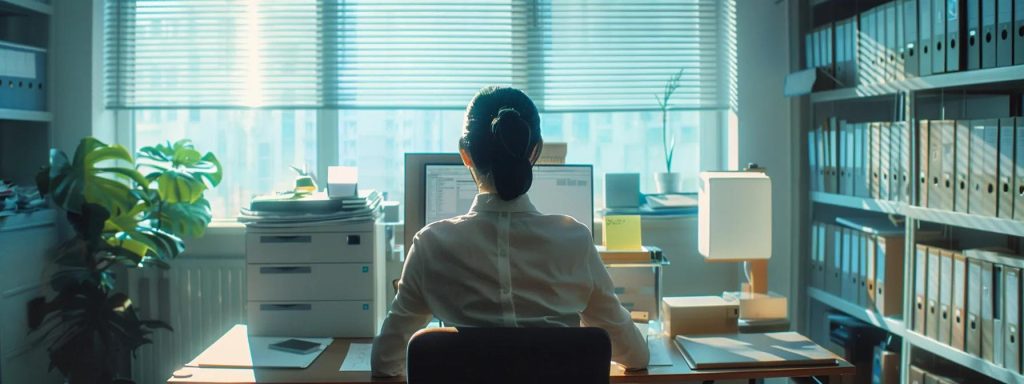 a serene office space bathed in soft natural light features a determined worker seated at a desk thoughtfully examining documents, symbolizing the journey of navigating obstacles in workers' compensation cases.