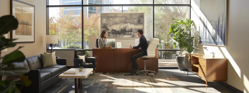a serene office space with a confident workers' comp attorney engaged in a warm consultation with a thoughtful client, embodying trust and clarity in navigating the complexities of legal rights and compensation.