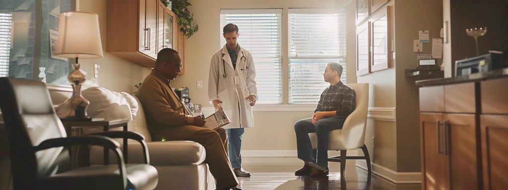 a serene, well-lit medical office in long beach, featuring a thoughtful injured worker engaged in a consultation with a compassionate physician, symbolizing the importance of medical care and support in the workers' compensation process.