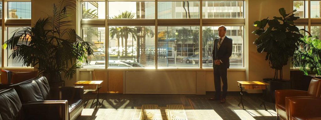 a sharp, professional portrait of an experienced workers' compensation attorney in an elegant long beach office, illuminated by natural light filtering through large windows, conveying a sense of trust and expertise.