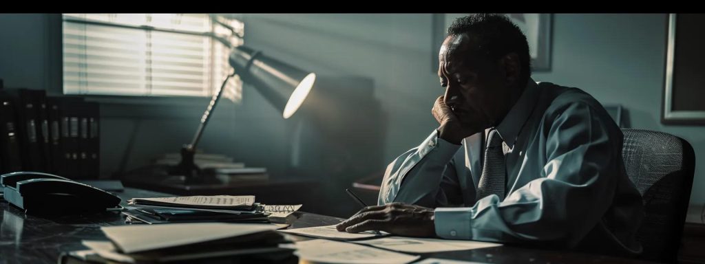 a somber office scene captures an injured worker seated at a desk, gazing pensively at a stack of legal documents, illuminated by harsh overhead lighting that emphasizes the weight of the critical, life-altering decisions surrounding the choice of a workers' compensation attorney.