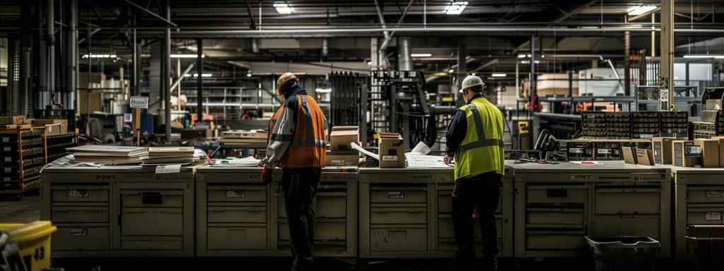 a somber yet striking scene of a busy long beach workplace, featuring workers in safety gear amidst clear documentation and forms, emphasizing the critical importance of thorough preparation for successful workers' compensation claims.