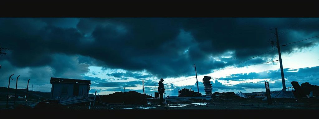 a stark construction site at dusk, showcasing a silhouetted worker lifting heavy materials against a backdrop of ominous clouds, symbolizing the significant injury risks inherent in the industry.
