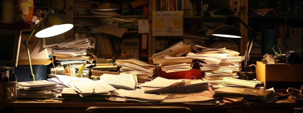 a striking close-up of a cluttered office desk illuminated by harsh overhead lighting, with piles of paperwork symbolizing the hidden costs and complexities associated with workers' compensation claims.
