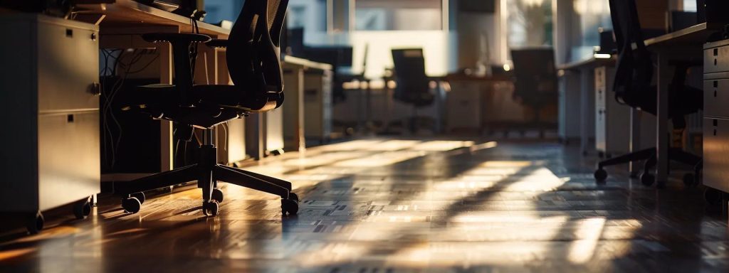 a striking image of a shadowy office with a blurred out injury report sitting under harsh fluorescent lights, symbolizing the obscurity and complications of incomplete documentation in a worker's compensation claim.