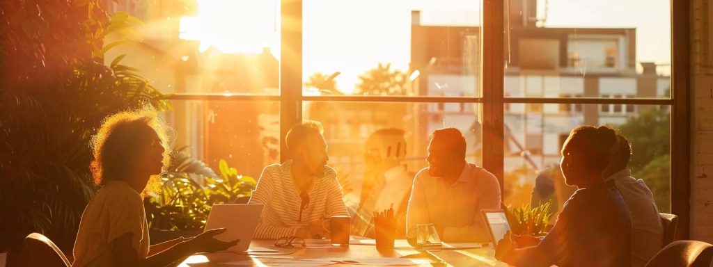 a sunlit financial counseling office showcases a diverse group of individuals engaging in a discussion about affordable legal options, with documents and resource materials spread across a table, symbolizing hope and empowerment for injured workers.