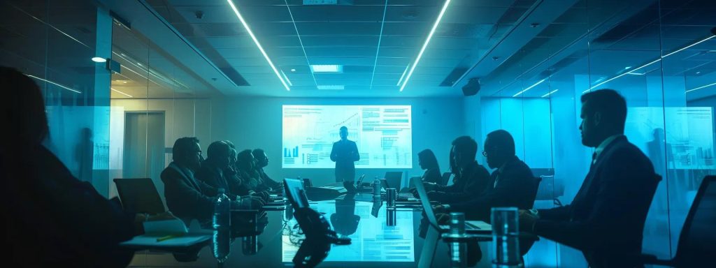 a tense boardroom filled with concerned faces, illuminated by harsh fluorescent lights, emphasizes the high-stakes atmosphere surrounding employer disputes and workers' compensation claims, with documents and presentation screens highlighting critical testimonies and healthcare records.