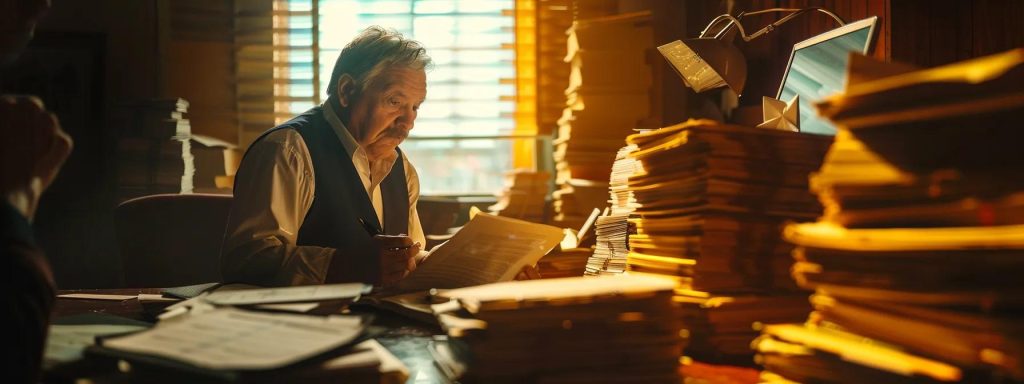 a tense courtroom scene captures a frustrated worker in a focused discussion with an attorney, surrounded by stacks of paperwork, emphasizing the theme of delays and the urgent pursuit of justice in workers' compensation cases.