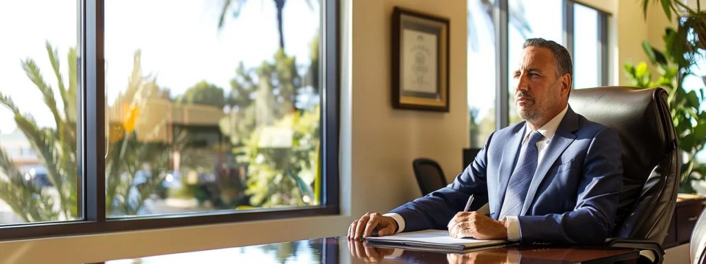 a thought-provoking image captures a confident attorney in a sleek long beach office, intently reviewing a complex case file while bright sunlight filters through modern windows, symbolizing the clarity and advantages of legal representation in navigating workers' compensation claims.