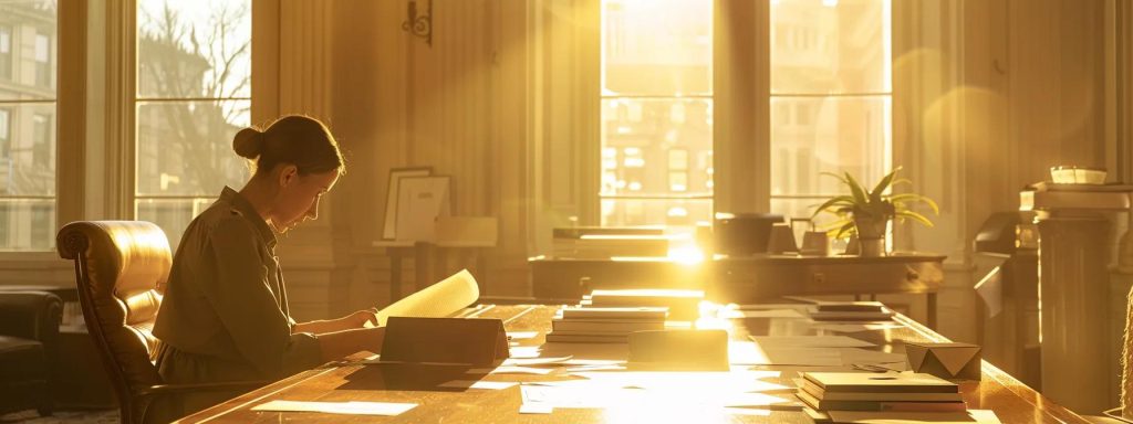 a thoughtful client sits at a sleek conference table in a sunlit office, surrounded by documents and a legal briefcase, contemplating the next steps in their legal journey with a sense of clarity and empowerment.
