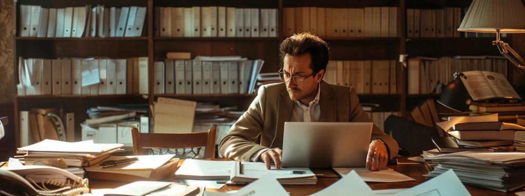 a thoughtful injured worker sits at a desk, surrounded by piles of paperwork and a laptop, reflecting the complexities of navigating workers' compensation attorney fees under soft, natural light.