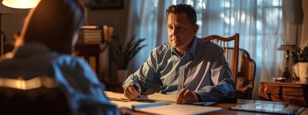 a thoughtful injured worker sits at a table, engaged in a discussion with a lawyer, surrounded by documents and legal paraphernalia, illuminated by warm light that highlights the seriousness of navigating legal costs.