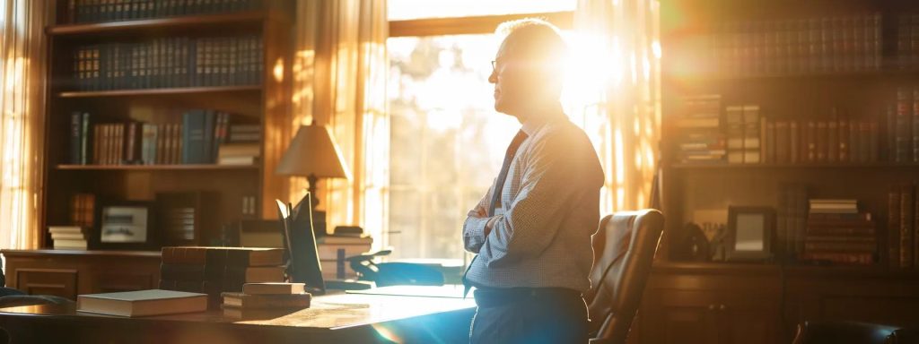 a thoughtful injured worker stands in a sunlit attorney's office, contemplating the benefits of professional legal support, surrounded by books on workers' compensation laws and a reassuring, open atmosphere.