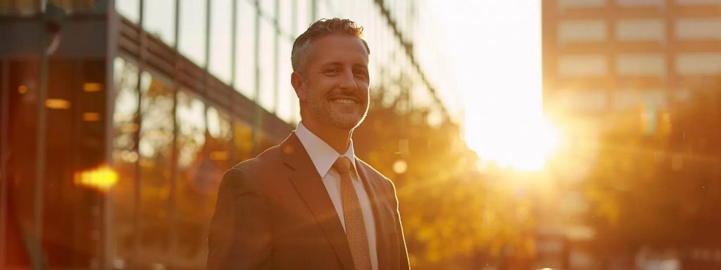 a triumphant client stands confidently in front of a bustling law office, beams of golden sunlight illuminating their joyful expression, symbolizing the transformative impact of affordable workers' compensation attorneys on their path to success.