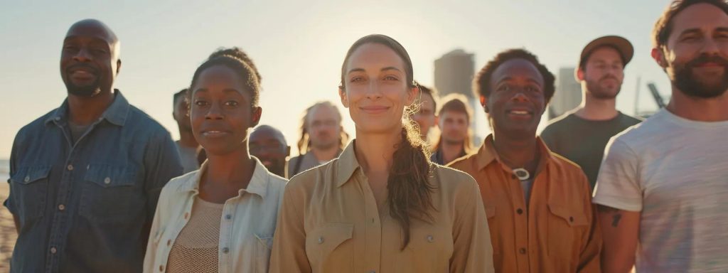 a triumphant group of diverse individuals stands together against the backdrop of long beach, their faces radiating hope and resilience as they celebrate their successful journeys through workers' compensation claims.
