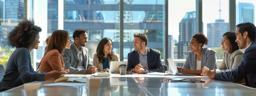 a vibrant and dynamic cityscape of long beach showcases a diverse group of individuals engaged in discussions, surrounded by resources and information displays related to navigating workers' compensation, all under a clear blue sky emphasizing empowerment and support.
