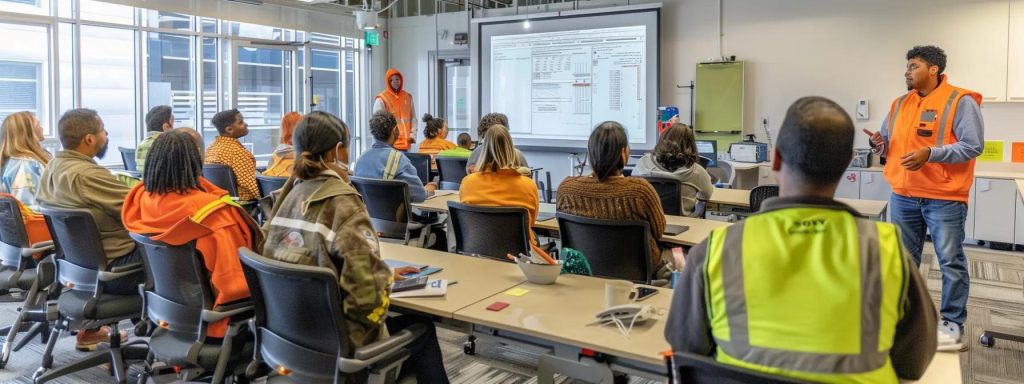 a vibrant and dynamic workplace scene capturing diverse employees engaged in a safety training session, illuminated by soft, natural light, emphasizing the empowerment and awareness of workers' compensation benefits.