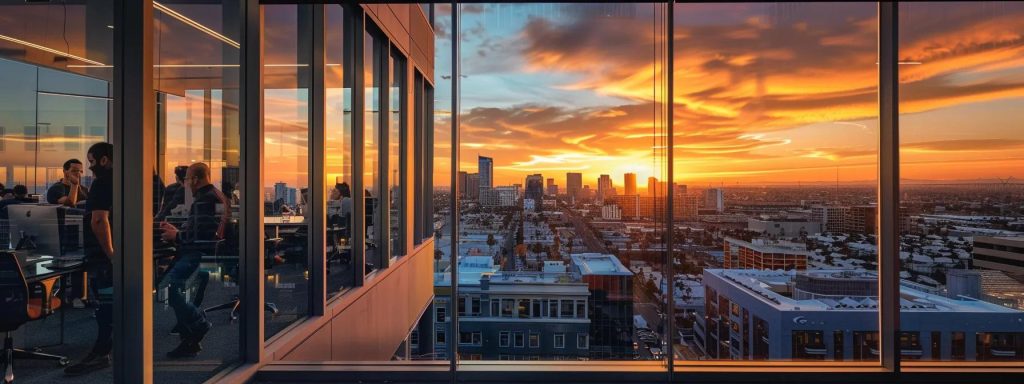a vibrant city landscape in long beach, showcasing a bustling office with individuals engaged in focused discussions, symbolizing the supportive resources available for injured workers navigating the workers' compensation claims process.