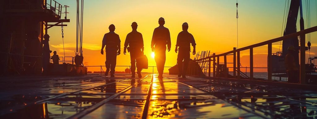 a vibrant cityscape of long beach at sunset, showcasing a diverse group of workers engaged in various occupations, symbolizing the importance of safety and protection in the workplace.