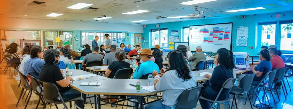 a vibrant community workshop in long beach, where determined workers engage in collaborative learning about navigating the workers' compensation appeal process, surrounded by supportive resources and informative materials.
