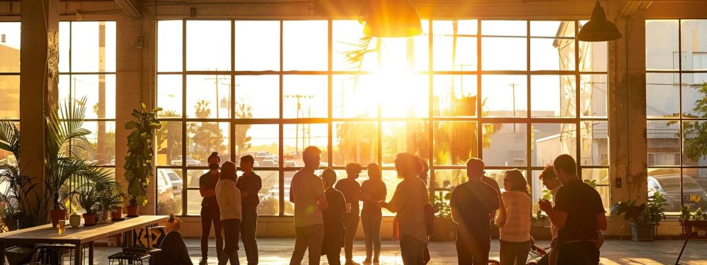 a vibrant community workshop in long beach showcases diverse individuals engaged in empowering discussions about workers' rights, illuminated by warm, inviting natural light filtering through large windows.