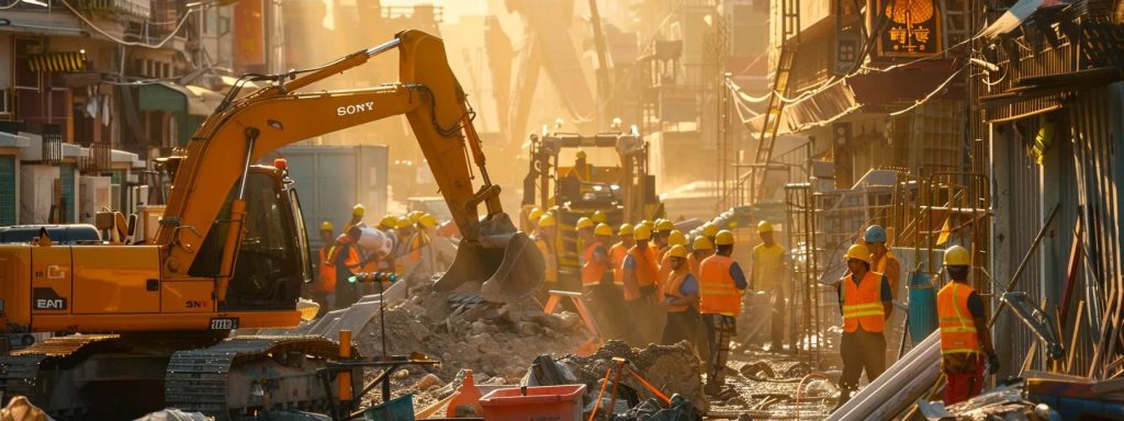a vibrant construction site under golden hour light, showcasing a diverse group of workers in hard hats, emphasizing safety and collaboration amidst the backdrop of machinery and protective gear.