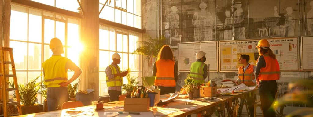 a vibrant, informative scene depicting a diverse group of workers in long beach engaged in a safety training session, surrounded by visual aids illustrating workers' compensation laws, with warm sunlight streaming through a bright workspace, highlighting the importance of understanding workplace rights.