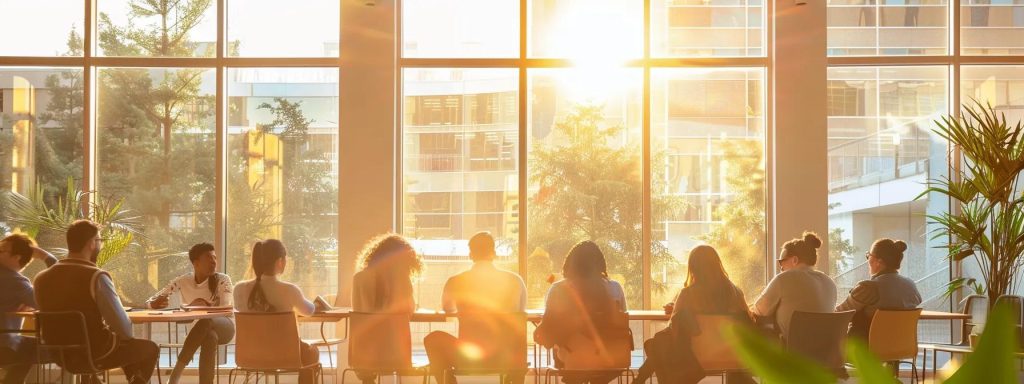 a vibrant office scene captures a diverse group of professionals engaging in a dynamic training session focused on injury prevention and safety protocols, illuminated by natural light streaming through large windows, symbolizing awareness and proactive measures in workplace safety.