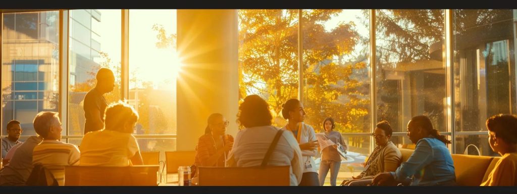 a vibrant office scene captures a diverse group of employees engaged in a proactive discussion about understanding and navigating workers' compensation benefits, illuminated by soft natural light filtering through large windows.