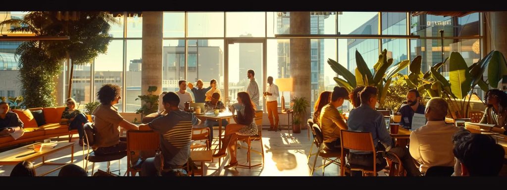 a vibrant office scene showcases a diverse group of employees engaged in a dynamic safety training session, illuminated by soft, natural light filtering through large windows, highlighting their focused expressions and interactive discussions on reducing workplace injuries.