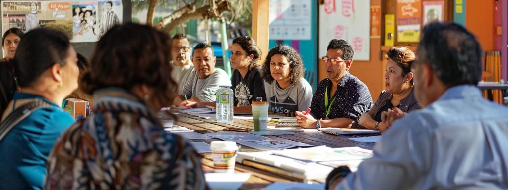 a vibrant scene capturing a diverse group of long beach workers engaged in a community workshop, surrounded by informative materials, illustrating unity and empowerment in their pursuit of legal rights and fair treatment.