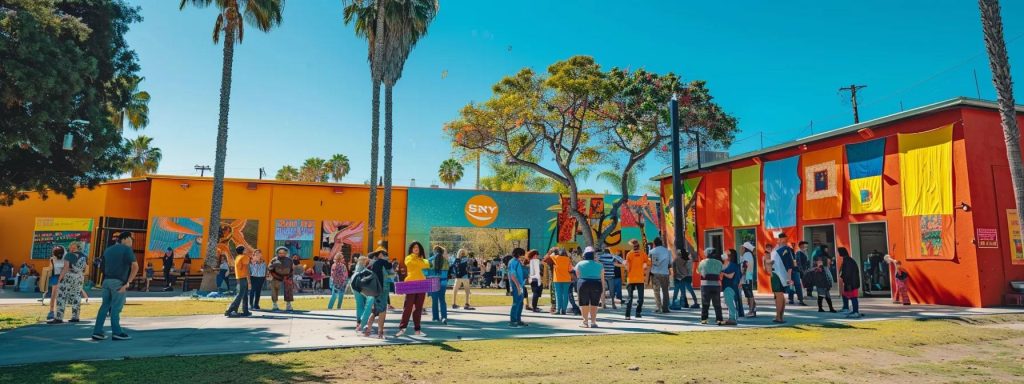 a vibrant scene depicting a diverse group of workers gathered outside a community center in long beach, engaging in animated discussions about their rights, with colorful banners promoting equality and a safe workplace backdrop.