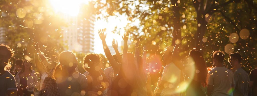 a vibrant scene depicts a group of relieved and optimistic workers celebrating their successful compensation claims in a sunlit park, symbolizing hope and new beginnings amidst a backdrop of supportive community and empowerment.
