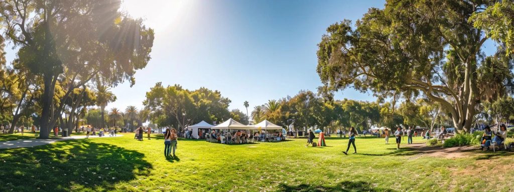 a vibrant, supportive community gathering unfolds in a sunlit long beach park, where diverse individuals share their powerful testimonials about workers' compensation attorneys, fostering a sense of camaraderie and hope amidst the backdrop of blooming flowers and clear blue skies.