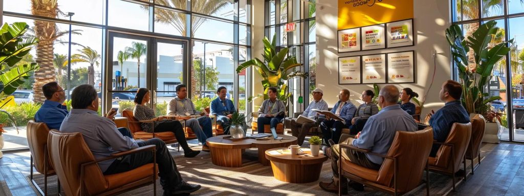 a vibrant training workshop in long beach showcases diverse workers engaged in dynamic discussions, surrounded by educational materials highlighting workplace safety and legal resources, illuminated by warm, natural light filtering through large windows.