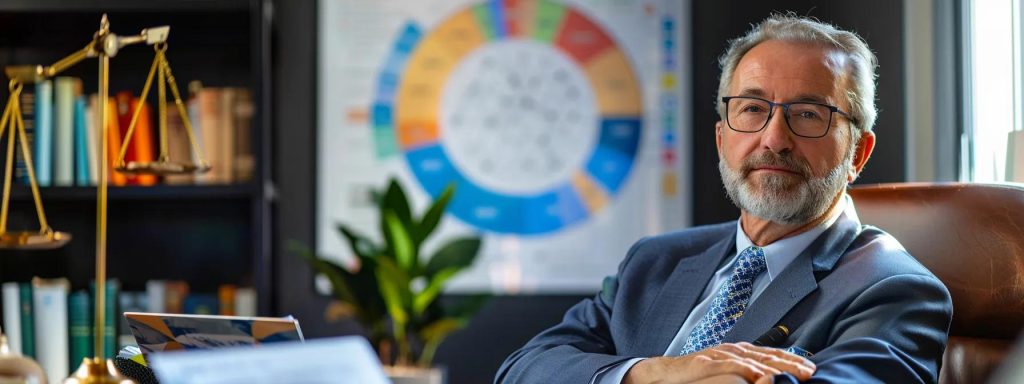 a visually impactful image of a determined attorney in a modern office setting, discussing complex workers' compensation cases with clients, surrounded by legal documents and digital charts that illustrate fee structures and workplace injury statistics.