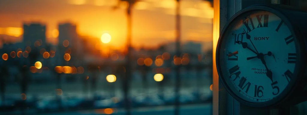 a vivid depiction of a clock against a backdrop of a bustling long beach skyline, symbolizing the intricate and often lengthy timeline of workers' compensation settlements.