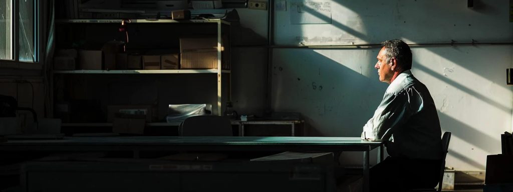 a weary, contemplative worker gazes out of a dimly lit room, embodying the emotional turmoil of navigating a workers' compensation claim, with shadows highlighting their sense of frustration and helplessness.