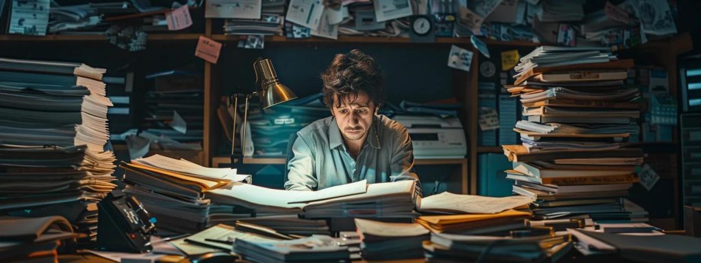 a weary worker sits alone at a cluttered table, surrounded by stacks of paperwork and medical bills, with a concerned expression highlighting the emotional toll of navigating a complicated workers' compensation claim without legal support.